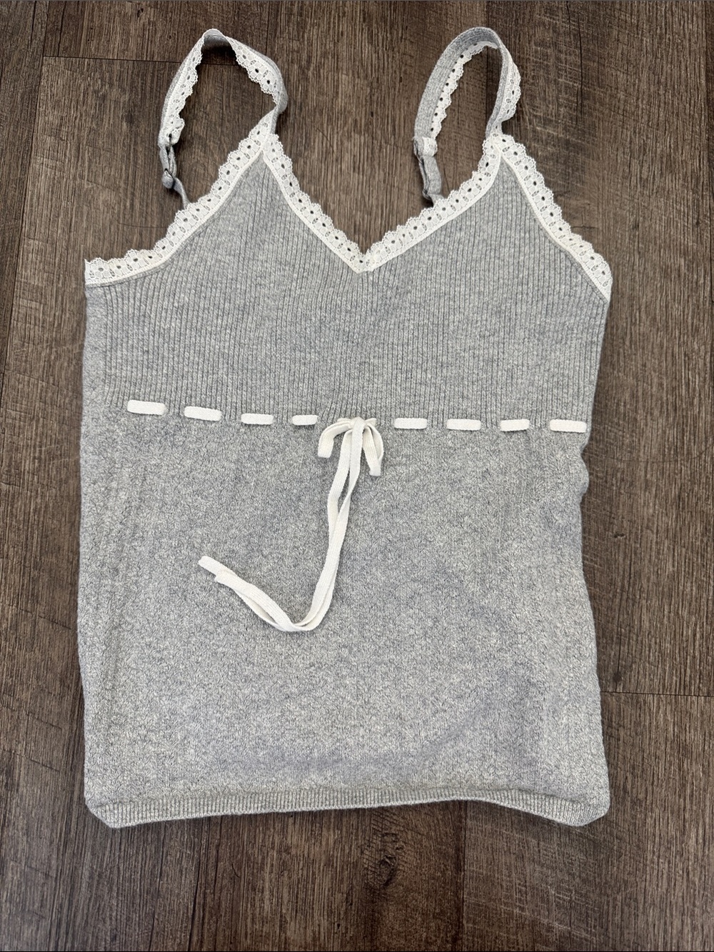 Hollister Gray Knit Lace-Trim Camisole with White Tie
